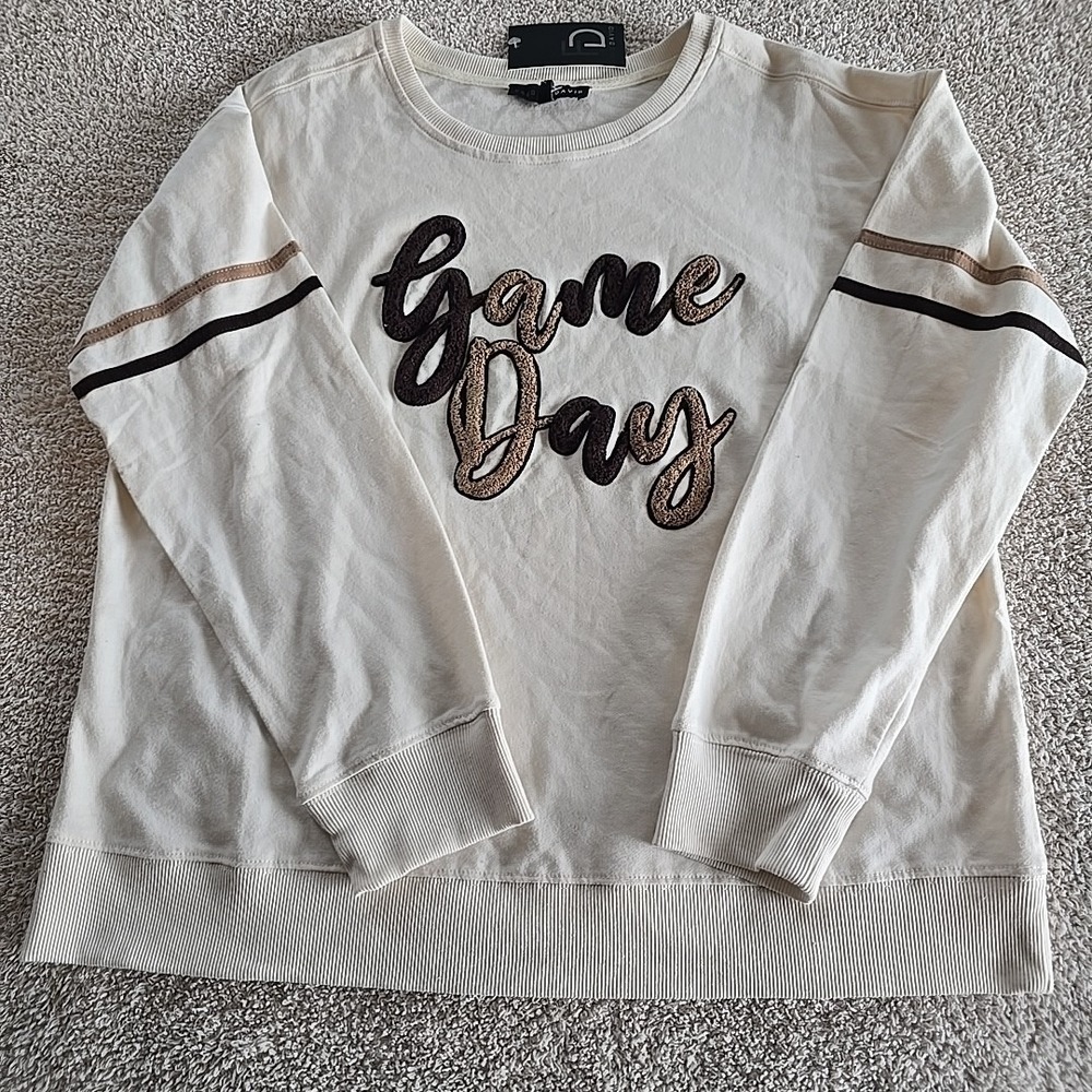 Fred David "GAME DAY" Spellout Sweatshirt Cream W/brown Embroidery Women's L NWT